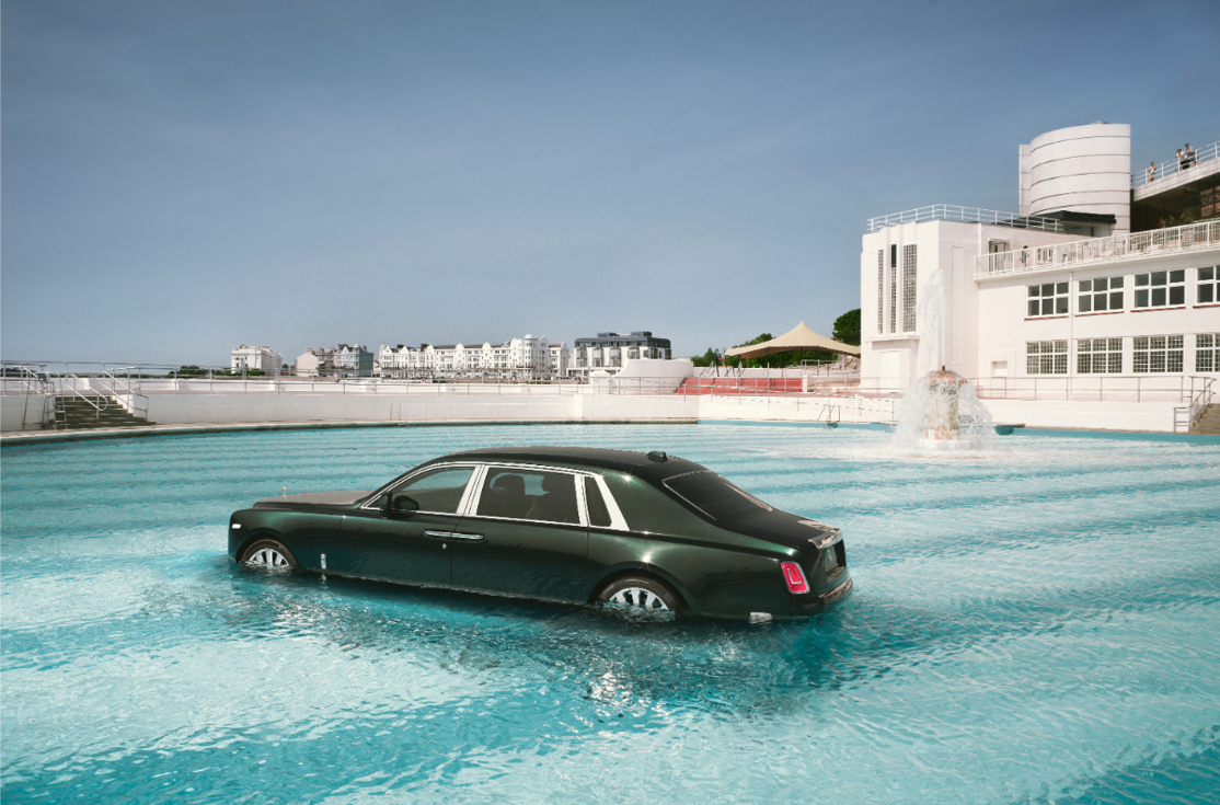 Rolls-Royce Phantom in the pool at Tinside Lido.