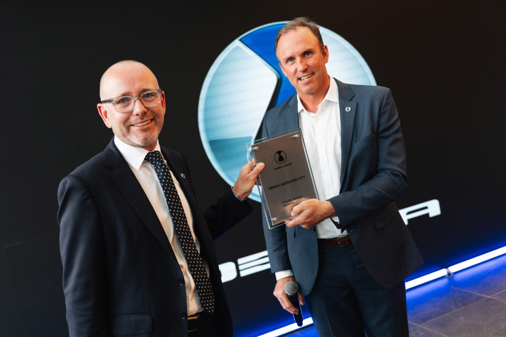 Andrew Simms group delaer principal Matthew Wales (left) and Denza NZ COO Mark Harland (right).